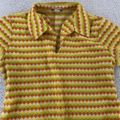 Camisa Mod Vintage Mujer Mediana Naranja Verde Geométrica Tejido Cuello Años 70 Retro Top Foto 1 de 4