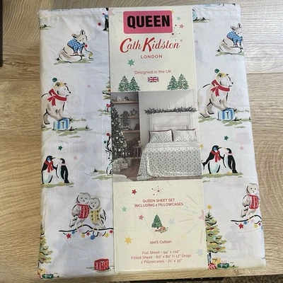 Cath Kidston London Christmas Animals Cream Queen 4 Pc Sheet Set Owls Deer Tree - Image 1 of 4