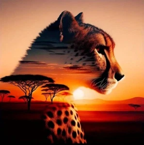 Arte de puntos de diamante Everything Has a Soul leopardo africano puesta de sol doble exposición 5D - Imagen 1 de 7