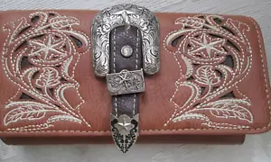 Montana West Cognac Leather Wallet Wristlet w/Buckle Embossed NEW - Picture 1 of 3