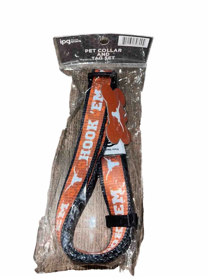 Juego de collar y etiqueta para mascotas Texas Longhorns ajustable en tamaño 11,5" - 19" UT quemado Foto 1 de 3