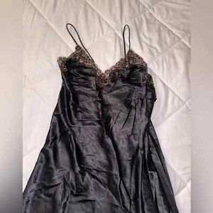 Vintage Deena Black and Gold Lace Long Satin Nightgown Chemise Slip - medium - Picture 1 of 6