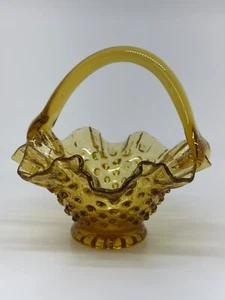 VTG Glass Amber Hobnail Ruffled Edge 5.75" Candy Basket Dish Handle - Picture 1 of 6