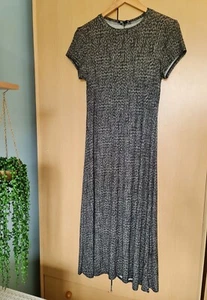 New Look size 8 long maxi dress stretch green black khaki print cap short sleeve - Picture 1 of 9