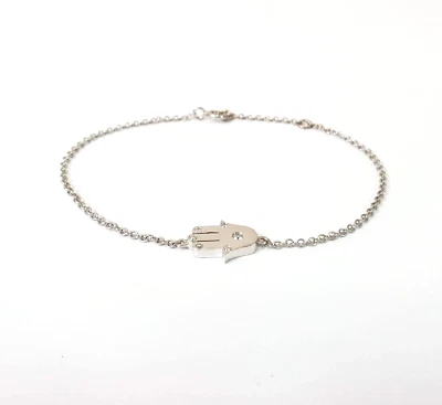 14k Solid White Polished Gold Hamsa Diamond Chain Charm Bracelet 0.05 Ct. H/SI - Image 1 of 4