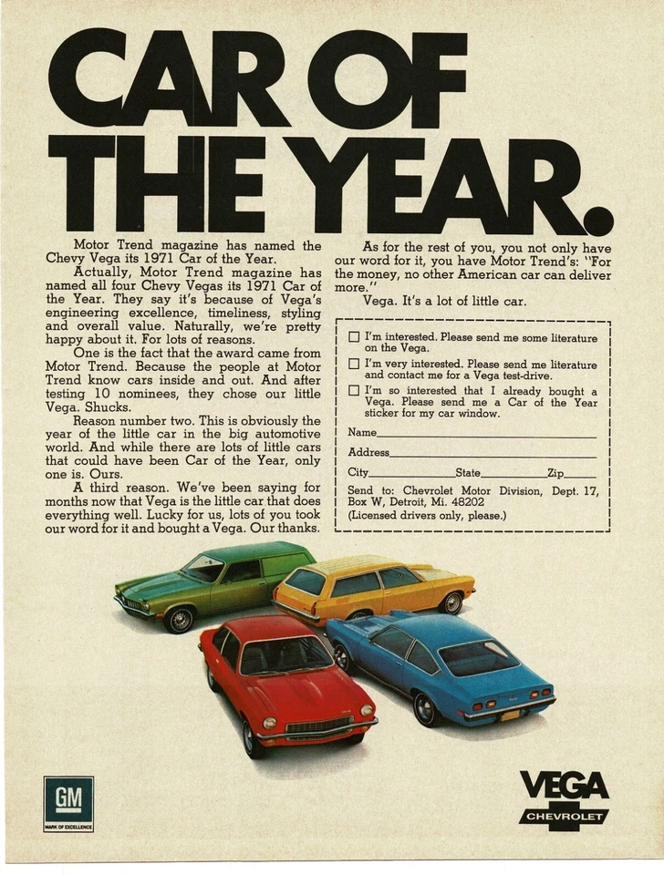 Chevrolet Chevy VEGA 1971 rojo verde azul amarillo coche del año anuncio impreso vintage Foto 1 de 1