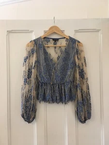 TOPSHOP Blue Floral Lace Peplum Hem V-Neck Sheer Lantern Sleeve Blouse - 8 / 10 - Picture 1 of 9