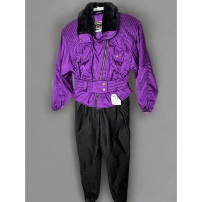 Traje de esquí completo vintage Ossi Skiwear púrpura y negro con cuello de piel sintética-10 Foto 1 de 4