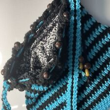Crochet Tote Crossbody Bead Turquoise Black Stripe White Speck Reversible Liner
