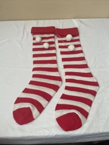 Vintage Handarbeit 27" Weihnachtsstrumpf rot & weiß Streifen Wolle mit Bommeln - Bild 1 von 5