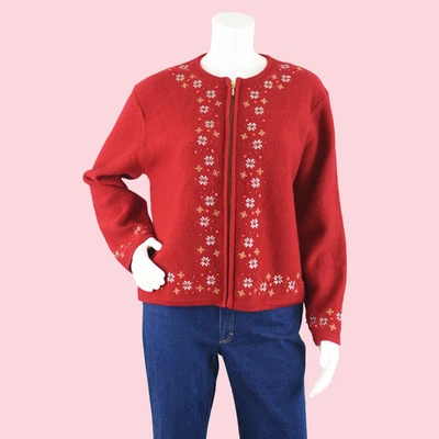 Cárdigan de vacaciones vintage rojo copo de nieve, suéter de lana pura con cremallera, grande para mujer” Foto 1 de 4