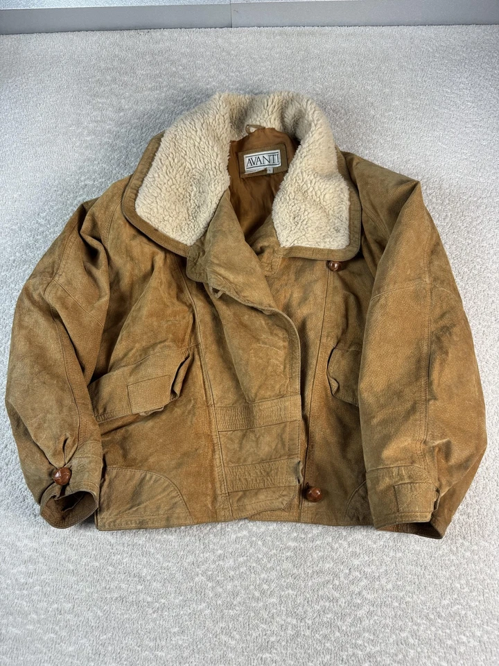 Vintage Avanti Jacket Womens Large Brown Pig Suede Sherpa Collar Zip Bomber 80s - Image 1 of 4