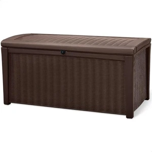 Keter Borneo 110 Gallon Rattan Wicker Resin Patio Deck Storage Box Bench, Brown - Picture 1 of 11