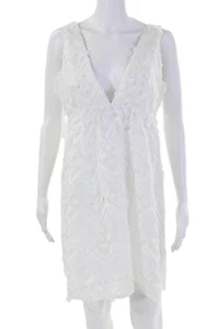 Cynthia Rowley Womens Sleeveles V Neck Fringe Embroidered Dress White Medium - Picture 1 of 5