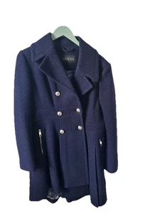 Guess Navy Blue Double-breasted Skirted Wool-blend Coat Size L Zipper Details - Picture 1 of 6