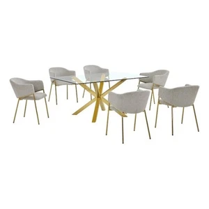 Best Quality Furniture Rectangular Clear Glass Dining Set with Linen Chairs - Picture 1 of 7