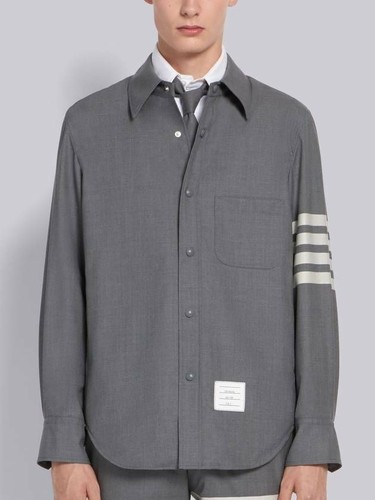 Giacca camicia Thom Browne 4 barre righe tinta unita lana bottoni a pressione grigio med