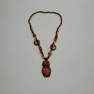 木制串珠项链带大猫头鹰吊坠 — 第 1/4 张图片