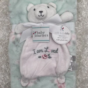 Baby Starters I AM LOVED Lovey Blanket Roses White Bear Plush Green Pink Floral - Picture 1 of 4