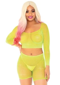 Leg Avenue 2 Pc Rhinestone Fishnet Crop Top And Biker Shorts, N.Yellow, One Size - Picture 1 of 2