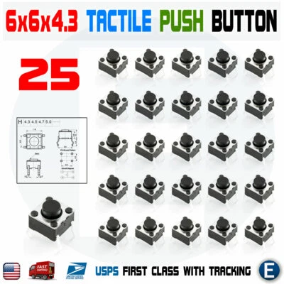 25Pcs 6x6x4.3 PCB Momentary Tactile Tact Push Button Switch 4Pin DIP Micro Mini - Image 1 of 2