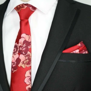 Tie Pocket Square Set Red Pink Flower Patterned Handmade Mens Wedding Formal - Picture 1 of 6