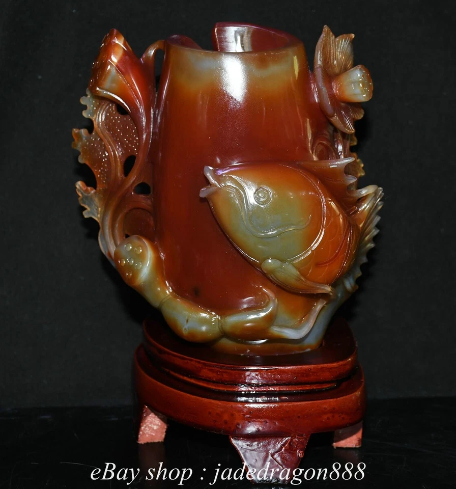 Jarrón lápiz maceta cepillo de flores de loto pez talla ágata roja marca china de 8,4" Foto 1 de 4