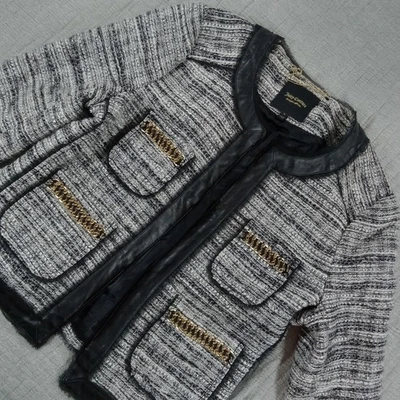 Chaqueta Blazer Juicy Couture Para Mujer Negro Blanco Dorado Cierre Tweed Talla Pequeña Foto 1 de 4
