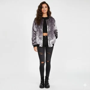 ASOS Bomberjacke Damen 8 Lila Metallic Crushed Samt Puffer Gesteppt Modern - Bild 1 von 14