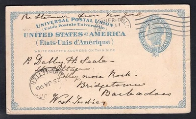 Tarjeta postal UPU Denver Colorado 1899 de Estados Unidos a Barbados. Receptor CARTAS DE ENVÍO Foto 1 de 2