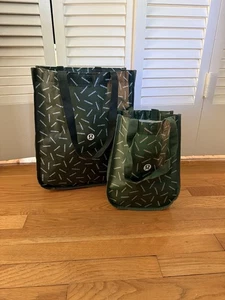 Lululemon Reusable Shopping Gift Bags Yoga Logo Tote Green Two Sizes - Picture 1 of 5