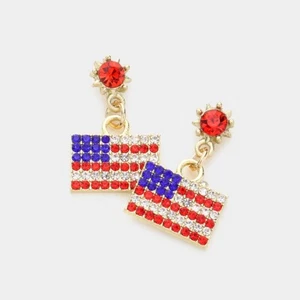 NEW USA FLAG EARRINGS GOLD BLING RHINESTONES POST BACK PATRIOTIC DANGLE DROP 1" - Picture 1 of 1