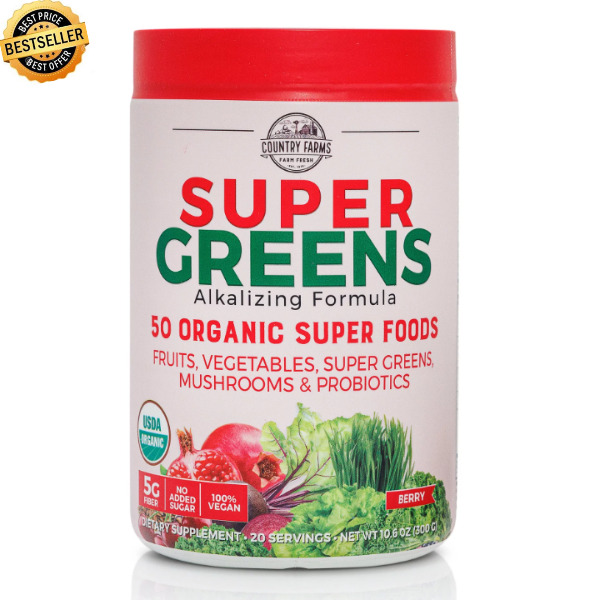 Country Farms Super Greens Drink Mix, Berry Flavor, 10.6 oz, 20 Servings - USA