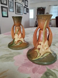 ROSEVILLE Pottery ZEPHYR LILY 1163 Tangerine CANDLESTICKS Set 2  1946 Chips - Picture 1 of 8