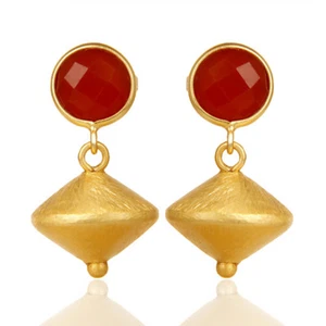 Red Onyx Gemstone Gold Plated 925 Silver Bead Hanging Designer Earrings - Picture 1 of 2