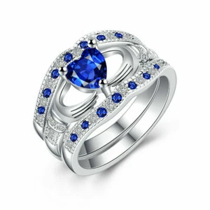 3 Pcs Women's Silver Heart Blue Zircon Cz Bridal Wedding Jewelry Ring Set Sz 5.5 - Picture 1 of 4