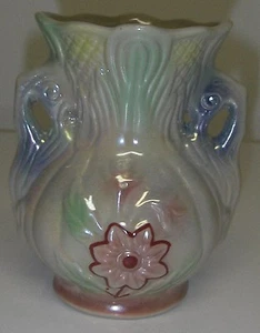 VASE Porcelain Brazil Lustre urn-shaped double handle raised Floral scalloped - Picture 1 of 7