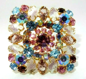 VINTAGE JULIANA (D & E) DAZZLING SQUARE FRAME MULTICOLOR RHINESTONE BROOCH PIN - Picture 1 of 12