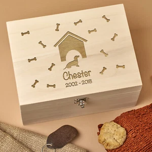 Personalised Laser Engraved Wooden Dog, Cat, Pet Keepsake Memory Box - Kennel - Foto 1 di 4