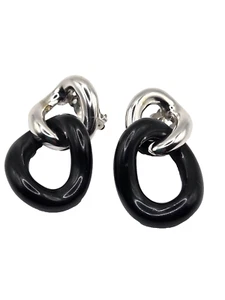 Vintage Givenchy Signed Black and Silver Large Link 2" dangle Clip Earrings - Picture 1 of 4