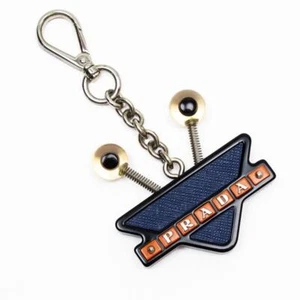 PRADA Authentic Bag Charm Leather Metal Keychain Navy Orange Length 12cm VN02 - Picture 1 of 5