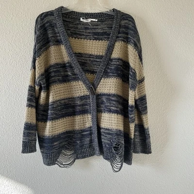 Cárdigan tejido azul pimienta abuelo para mujer pequeño relajado a rayas boho pescador Foto 1 de 4