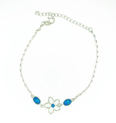 925 Sterling Silver Hawaiian Plumeria Flower Blue Opal Link Chain Anklet 9" + 2" - Image 1 of 2