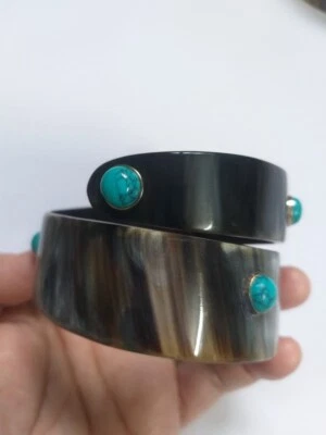 Natural Buffalo Horn Cuff Bangle With Turquoise Jewelry Handcraft Curl Bracelet - Image 1 of 4