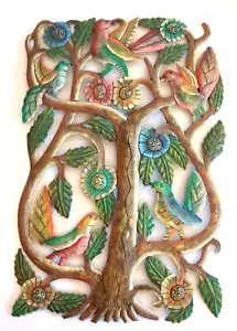 Handgemaltes haitianisches Metall Wandbild Lebensbaum Vögel Blumen 11x16 Duval - Bild 1 von 7