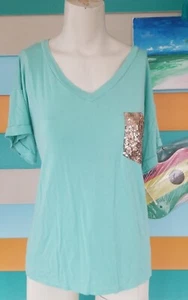 Luna women Mint Green T-Shirt top Blouse, Sequin Pocket apparel tunic - Picture 1 of 8
