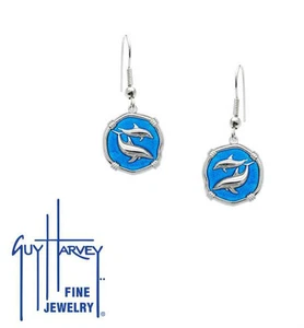 Guy Harvey Porpoises Wire Dangle Earrings Blue Enamel 15mm Sterling Silver - Bild 1 von 3