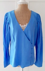MNG MANGO Ladies Blue Long Puff Sleeve Wrap Blouse Size 10 BNWT Rrp £23 - Picture 1 of 8