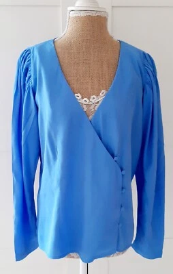 MNG MANGO Ladies Blue Long Puff Sleeve Wrap Blouse Size 10 BNWT Rrp £23 - Image 1 of 4