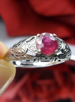 NATURAL Ruby Sterling Silver Etched Edwardian Filigree Ring (Custom) D160 - Image 1 of 4